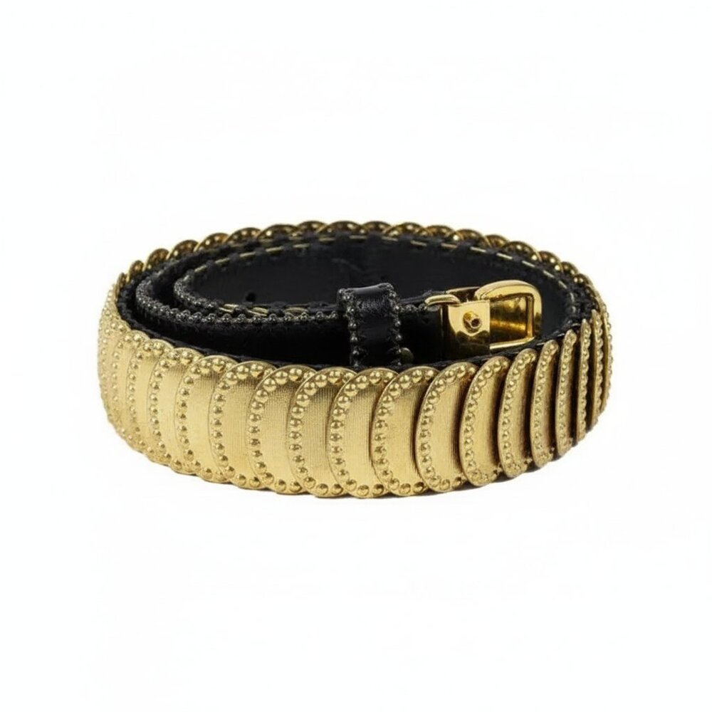 Disc Chain Womens Belt Stretchy Goldtone Metal Oval with Raised Dots Waist  28"